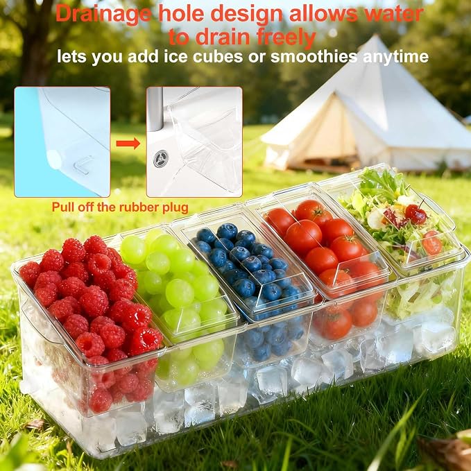 Large Ice Chilled Condiment Caddy，Chilled Condiment Containers Server with Lids for 5 Removable Compartments ，Serving Platters , Fruit & Garnish Tray for Party Supplies & Bar Accessories-Transparent