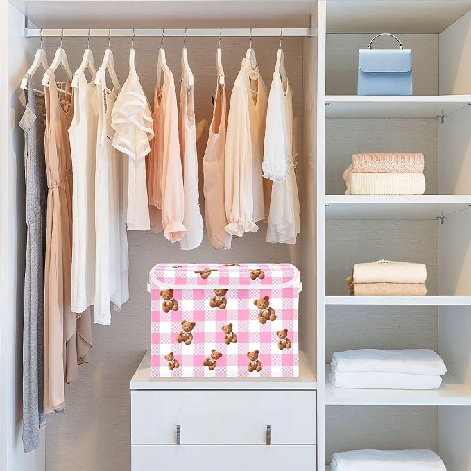 Pink Bear Fabric Storage Bins with Lid Closet Bedroom 40L Fabric Bin | Decorative Storage Boxes, 300D Oxford Cloth, Hollow Board Frame, Flip Top Velcro Lid, 16.5x12.6x11.8 inch, Collapsible Design