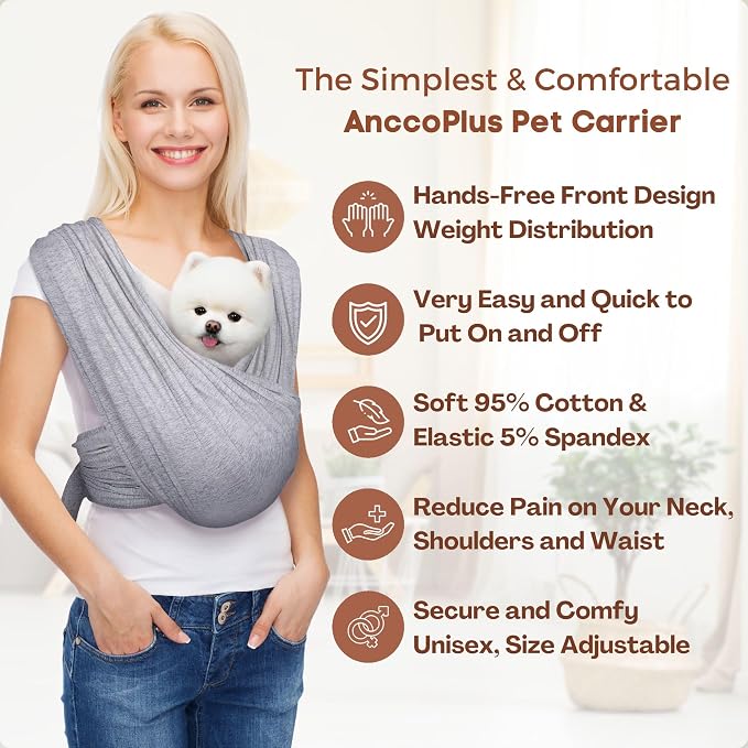 AnccoPlus Small Dog Sling Carrier, Hands-Free, Heather Gray, Plus | Patented Front Carrier Reduces Back and Neck Strain; Adjustable, Soft Cotton, 3D Air Mesh for Puppies & Cats up to 20 lb
