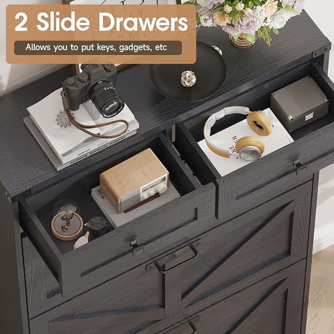 Halitaa Shoe Cabinet with 3 Flip Drawers & 2 Drawers,Freestanding Shoe Storage Cabinet for Entryway,Farmhouse Narrow Slim Organizer Rack for Foyer,Hallway,Black