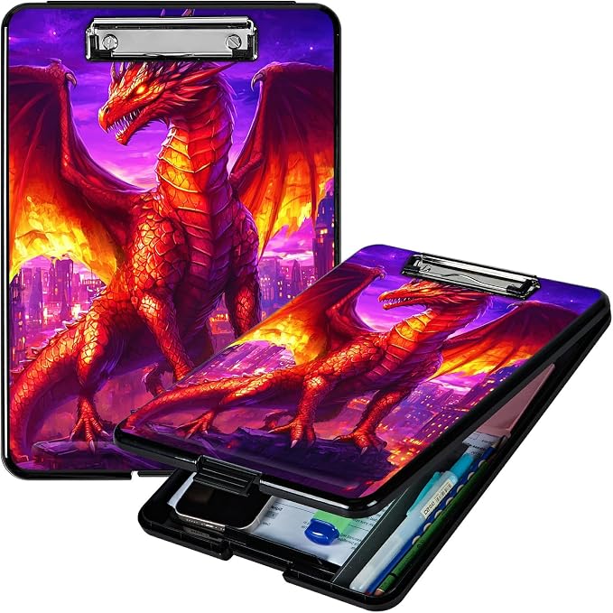Heavy Duty Storage Clipboard, Slim Nursing Clipboard with Internal Pen Case, Portable File Organizer Case for A4 Letter Size Paper Office Medical Professionals, Purple Red Dragon