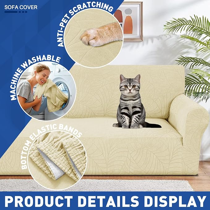 YEMYHOM Couch Cover Latest Jacquard Design High Stretch Sofa Chair Covers for Living Room, Pet Dog Cat Proof Armchair Slipcover Non Slip Magic Elastic Furniture Protector (Small, Begonia Leaf Beige)