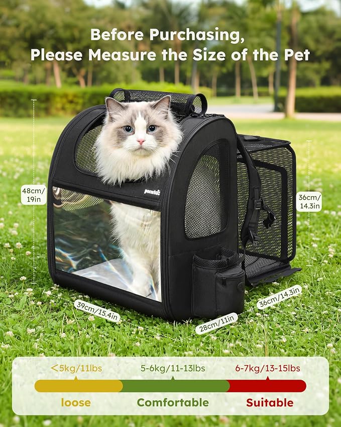 pecute Cat Backpack Expandable, Cat Carrier Backpack Acrylic Window, XL | Durable Oxford Cloth, Lockable Zipper,Use for Pet Under 15 lbs to Travel