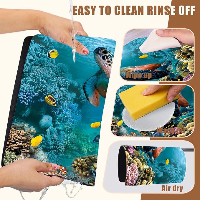 Sea Turtle Coffee Mat Absorbent Dish Drying Mat for Kitchen Counter Hide Stain Rubber Backed Coffee Bar Accessories Fit Under Espresso Machine Dish Rack, 11.8 x 19.7 Inch