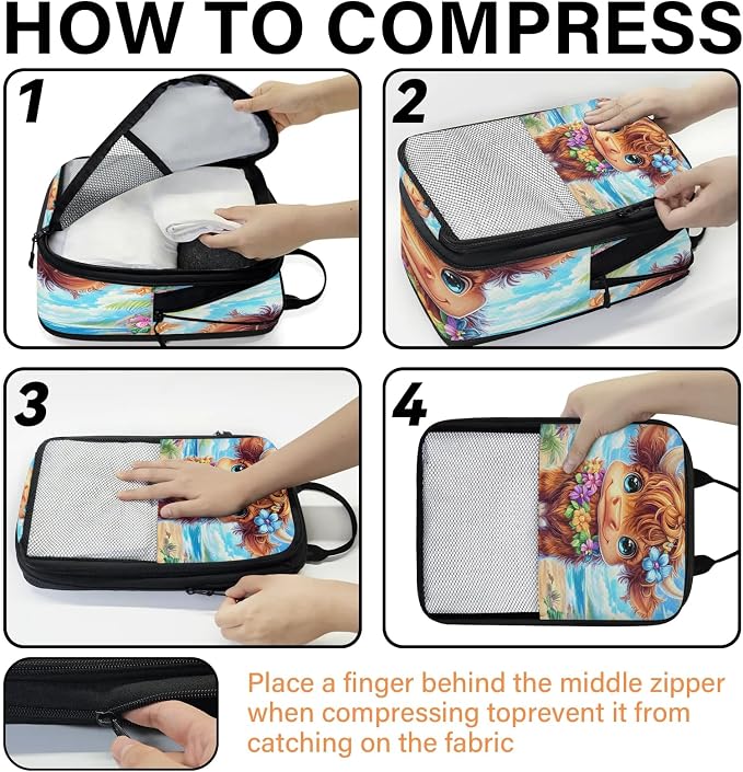 Cute Highland Cow 6 Set Compression Packing Cubes Watercolor Floral Expandable Packing Organizer for Travel Accessories Luggage Suitcase Bag