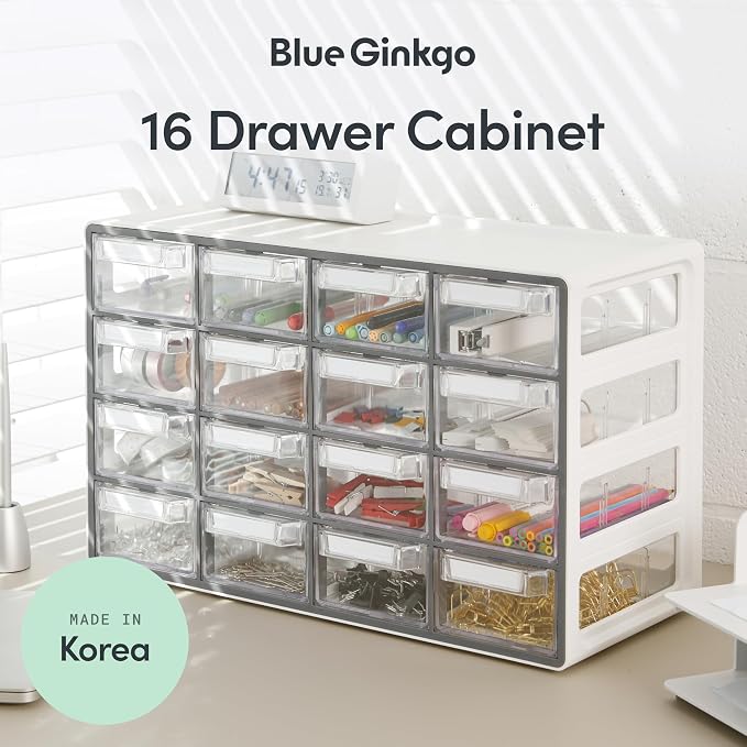 Blue Ginkgo 16-Drawer Storage Cabinet Organizer, Grey, Made in Korea | Stackable. Adjustable. Easy Visibility.