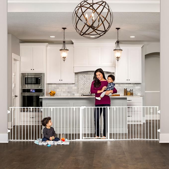 Regalo Safety 56"-130" Metal 2-in-1 Super Wide Baby Gate & Play Yard | Adjustable Playpen, For Doorways & Open Spaces, For Babies, Toddlers & Pets, White, Tested & Trusted for 30 Years