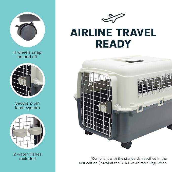 SportPet Airline Compliant MEDIUM 24.25" Travel Dog Kennel-Durable Plastic Airline Pet Carrier w/Removable Wheels & Food Bowls, Collapsible Indoor/Outdoor Dog Kennel, Dogs up to 23"L & 15"H-Cream/Gray