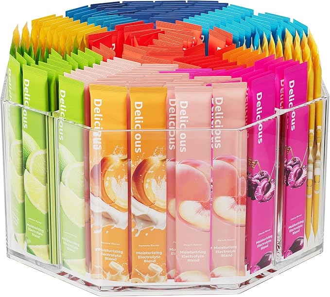 Divided Drink Packet Organizer, Octagonal 5 Compartment Clear Lazy Susan | Lazy Susan Turntable, Rotating Storage Organizer for Powdered Drink Mix, Water Flavor Packets, Coffee, Tea, Spices