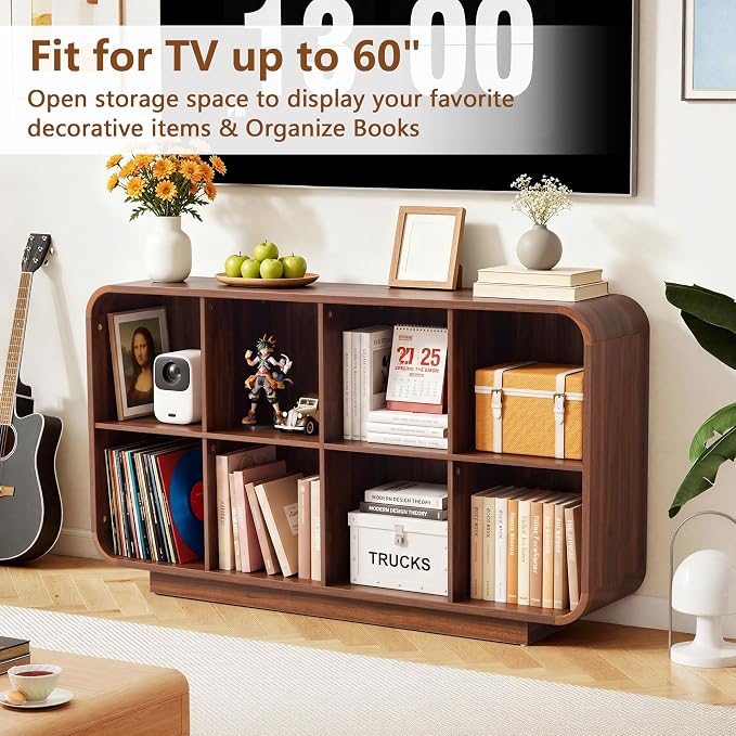Cube Storage Organizer with Base, 8 Cube 2-Tier Bookcase, Wooden Floor Standing Storage Shelf with Rounded Corners, Anti-Tip Kit, Low Lattice Organizer for Home Office Living Room, Walnut