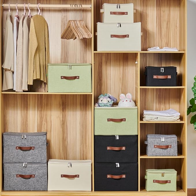 Storage Bins with Zipper Lids Decorative Lidded Baskets Boxes | Clothes Container, Closet Shelf Organizer, Foldable Washable, Cotton Linen Fabric, w/ PU Leather Handles, Gray, Large