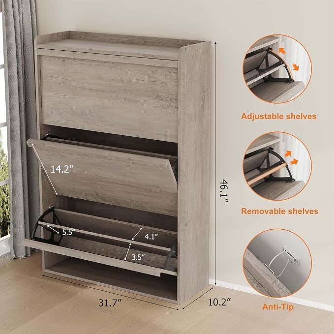 GarveeHome Shoe Cabinet with 3 Flip Drawers, Wooden Shoe Organizer Cabinet with Adjustable Shelf, Shoe Storage for Entryway, Hidden Shoe Cabinet for Hallway, Living Room, Grey