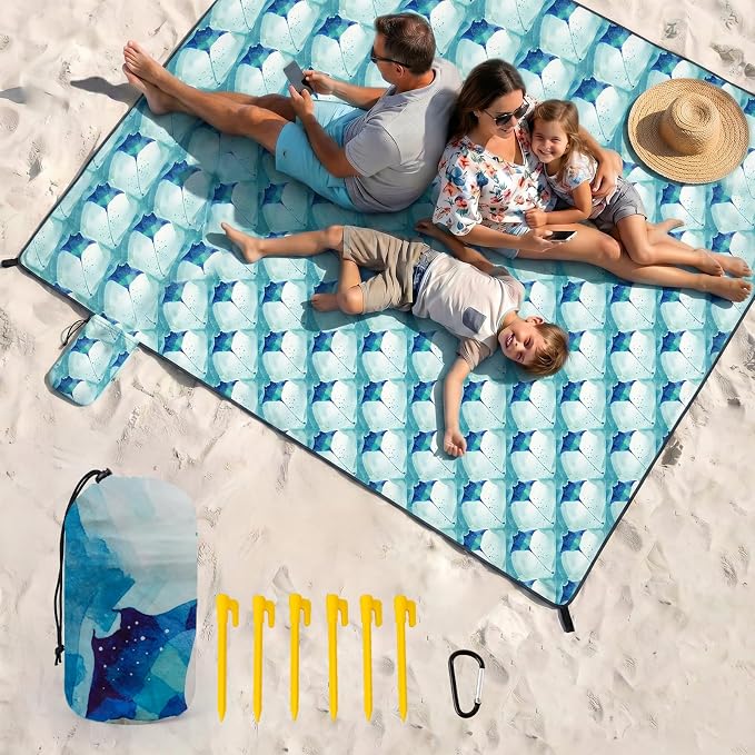 OIGAE Beach Blanket Waterproof Sandproof Oversized Beach Mat | Picnic Mat with Stakes, Storage Bag - Essentials for Outdoor Beach, Picnic,Quick-Dry Lightweight,Windproof Pockets