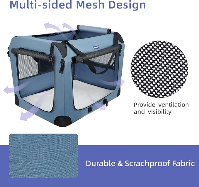 Petprsco Collapsible Dog Crate, 40 inch Portable Dog Crates for Large Dogs | Large Soft Foldable Dog Crate & Kennel for Travel, 3-Door with Sturdy Steel Frame & Durable Mesh Windows, Indoor/Outdoor