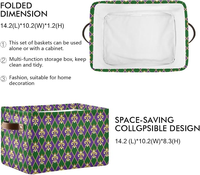 Happy Mardi Gras Green Purple Storage Basket with Waterproof Liner and PU Handles Fleur de Lis Buffalo Plaid Storage Bins Boxes 14.2" Collapsible Decorative Organizer Baskets for Bedroom Office 2 Pack