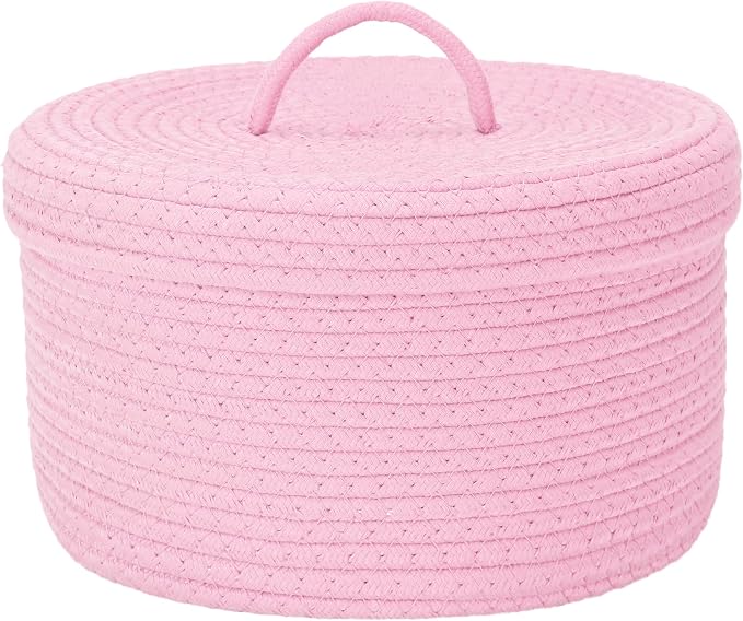 Sea Team Round Storage Basket, Woven Cotton Rope Basket with Lid, Pink | Decorative Knitted Storage Bin, Multi-Purpose Lidded Organizer for Closet Shelves, Nursery and Household Storage
