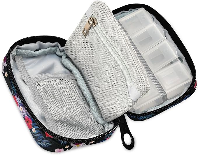 Pill Organizer Palm Leaves Flowers Pill Box 7 Day Pill Case Bag Travel Pill Organizer Bag with Zipper Portable Weekly Case Compact Size for Vitamin Supplement Holder