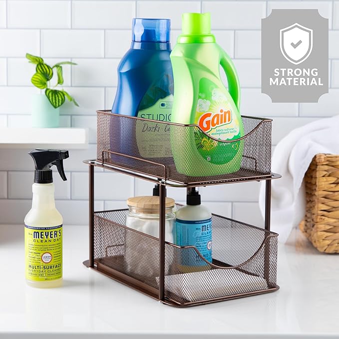Sorbus Pull-Out Under Sink Organizer, Mesh Construction (Bronze, 2 Pack) | Two-tier metal organization with strong steel and sliding drawers for bathrooms, kitchens, cabinets, closets and pantries.