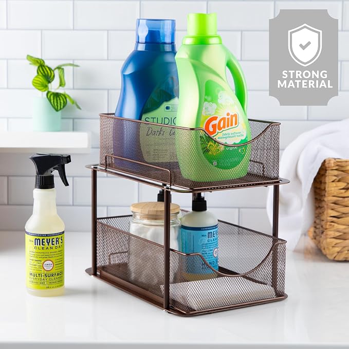Sorbus Pull-Out Under Sink Organizer, Mesh Construction (Bronze, 1 Pack) | Two-tier metal organization with strong steel and sliding drawers for bathrooms, kitchens, cabinets, closets and pantries.