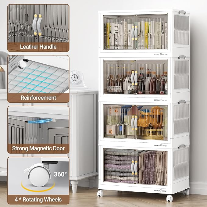 BROVIEW 320Qt Stackable Storage Bins with Lid for Home Dorm, 4Pack White | Closet Organizers, Foldable & Collapsible Cabinets, Large Containers, Wheels & Magnetic Doors, Plastic Drawers for School