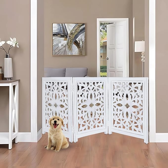 Lightnpro Wooden Pet Gate – Decorative Carved Foldable Dog Fence, Extra-Wide Freestanding Indoor Safety Gate for Small Dogs – 24x18 Inch Antique White