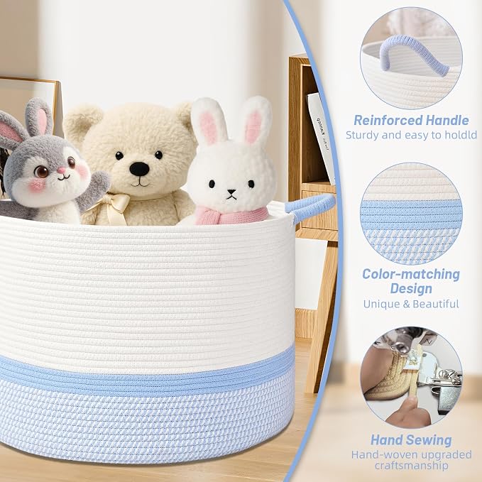 67L Large Blanket Basket, 20"x13" Blanket Basket Living Room, Woven Baskets With Handle, Toy Baskets for Blankets, Nursery, Dog, Pillow, Gift (White & Blue)