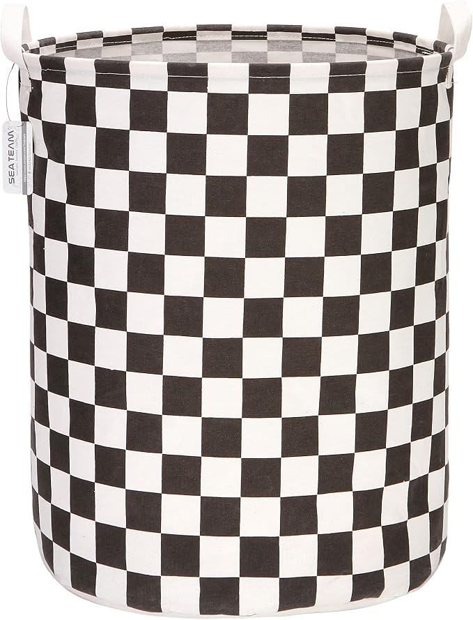 Sea Team Large Canvas Laundry Basket with Handles, Black Grids | Collapsible Fabric Laundry Hamper, Closet Shelf Organizers, Containers for Clothing, Blankets, Toys, Bedding, 19.7 x 15.7”