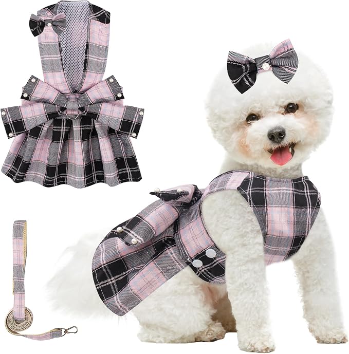 Coppthinktu Plaid Dog Dresses for Small Dogs Girl Bowknot Harness Leash Set