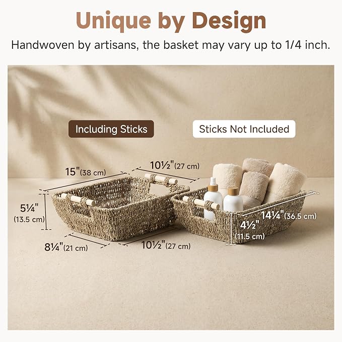 StorageWorks Seagrass Storage Baskets, Large Snack Baskets for Shelves | Wicker Storage Baskets for Shelves, Baskets with Wooden Handles, 2-Pack Gifts Basket for Home Decor, Hand-Woven Basket