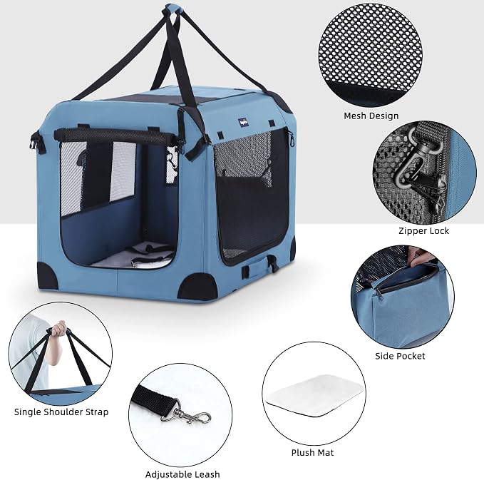 Petprsco Portable Dog Crates for Medium Dogs, 32"x23"x23" Travel Dog Crate | Collapsible Dog Crate with Plush Mat, Soft Blanket & Foldable Bowl, Strong Fabric, 4-Sided Vents, 3 Doors, Indoor/Outdoor Use