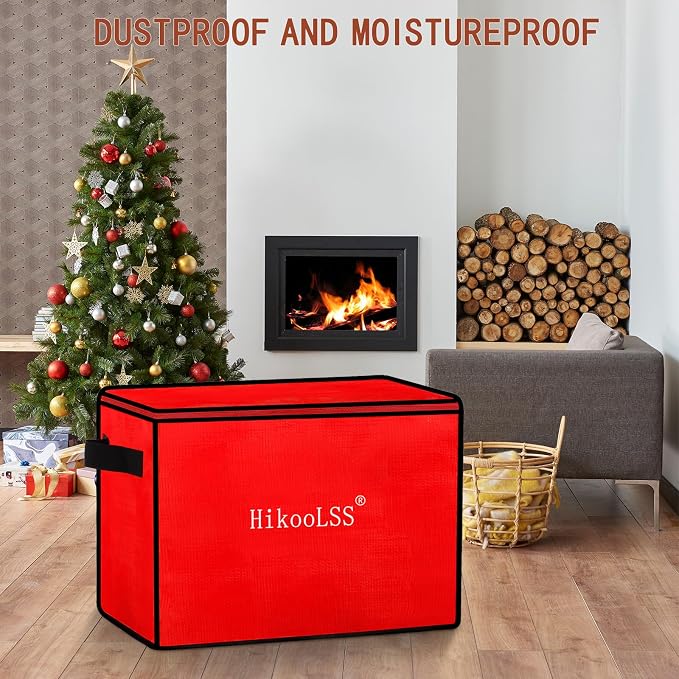 HikooLSS Christmas Ornament Storage Box - Stores up to 72 Holiday Ornaments | With Adjustable Dividers,Covered Top and Two Handles,Double Zipper. PE Material Keeps Holiday Ornaments Clean and Dry (Red)