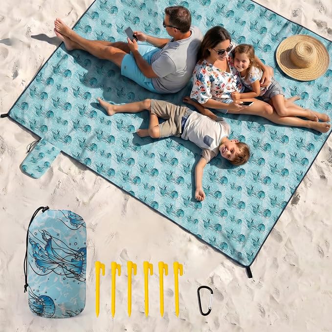 OIGAE Beach Blanket Waterproof Sandproof Oversized Beach Mat | Picnic Mat with Stakes, Storage Bag - Essentials for Outdoor Beach, Picnic,Quick-Dry Lightweight,Windproof Pockets
