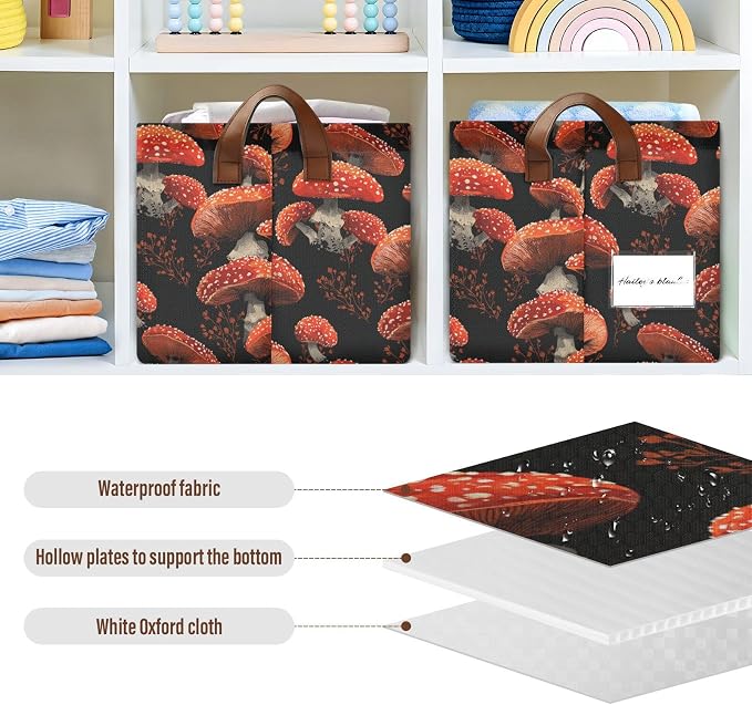 Red Mushrooms Amanita Mushroom Storage Basket Foldable Cube Storage Bins with Handles&Label Waterproof Collapsible Organizer Box Bin Large Rectangle Decorative Baskets for Shelves Home Room Laundry