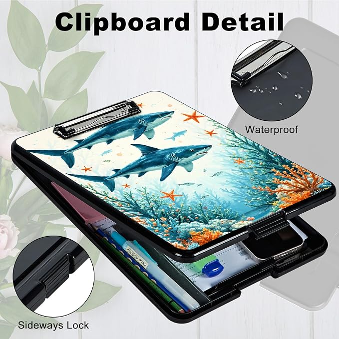 Heavy Duty Storage Clipboard, Slim Nursing Clipboard with Internal Pen Case, Portable File Organizer Case for A4 Letter Size Paper Office Medical Professionals, Tuna Under the Sea