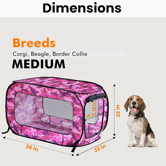 Portable Collapsible Pop Up Kennel, 36" L x 22" W x 22" H, Camo Pink | Collapsible indoor/outdoor travel cat and dog crate with mesh screen windows pops up and folds flat for easy storage