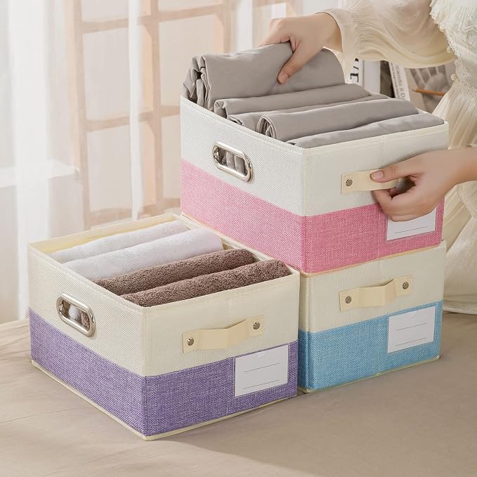 PRANDOM Fodable Storage Bins for Closet [3-pack] Decorative Fabric Storage Baskets Cubes with Leather/Metal Handles for Shelves Bedroom Living Room Blue&Cream (11.5x8.5x6.7 Inch)