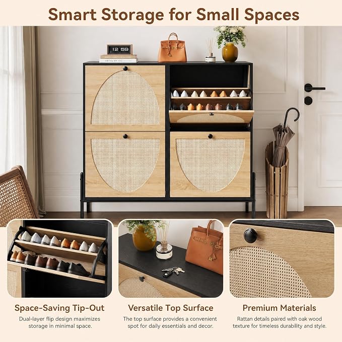 Rattan Shoe Cabinet Storage,Narrow Shoe Rack for Entryway with 4 Flip Drawers, Freestanding Wooden Shoe Organizer Cabinet with Metal Legs for Hallway (Black + Natural, 4 Flip Drawers)