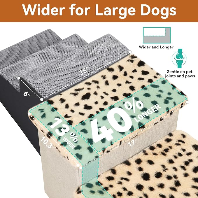 Zerbuger Dog Stairs with Storage, Beige Leopard 3 Steps Dog Ramp no Condo | 18" H Wider Dog Steps for High Beds Couch, Folding Storage Pet Stairs Gift for Climbing Small/Medium/Large Old Dogs Cats