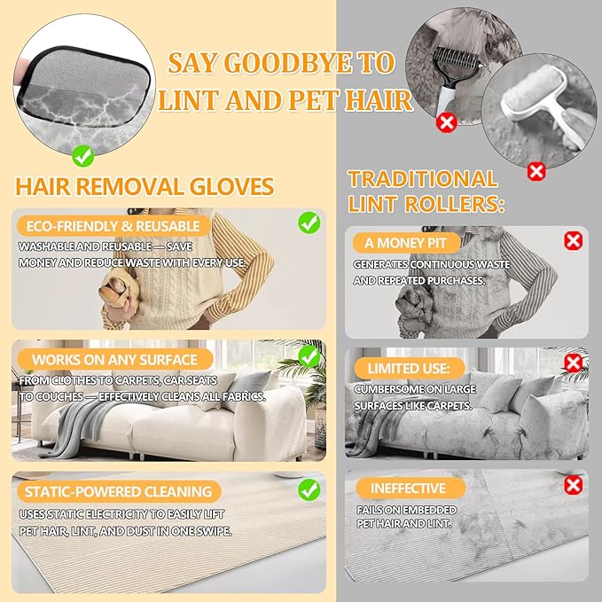 Upgraded Electrostatic Pet Hair Removal Glove for Cats & Dogs - Thickened Reusable & Washable Magic Brush, Pet Hair Remover Glove Tool for Clothes, Couch, Carpet, Furniture & Car Seat