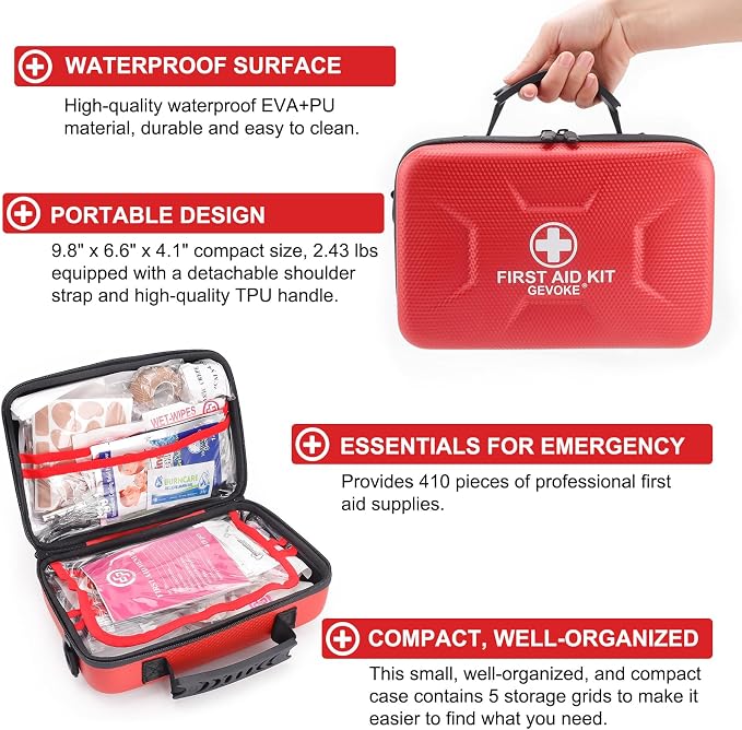 Gevoke 410 Piece Waterproof Hard Shell First Aid Kit, Red | For Home, Car, Travel, Camping, Truck, Hiking, Sports, Office, Vehicle & Outdoor, Emergency Medical Kits