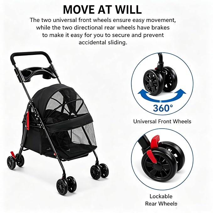 Foldable Pet Cart for Small to Medium Dogs & Cats, 10-40lbs Capacity Lightweight Travel Pet Stroller (Black)