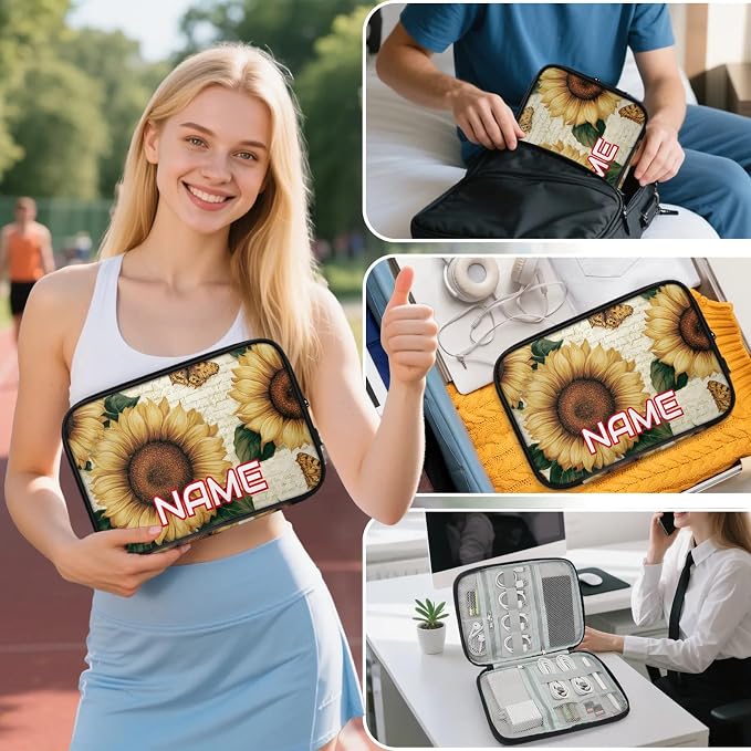 Custom Electronics Organizer Rustic Sunflower Butterfly Travel Cable Pouch Large Tech Accessories Case Waterproof Cord Storage Bag for Power Bank Charger Phone Earphone