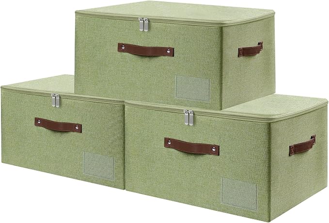 ANMINY Storage Box Fabric Bins with Zipper Lid, 17.7"x13.8"x10" Green, 3PCS | Keepsake Box, Decorative, Cotton Linen, Reinforced PP Board Frame, Washable, Stackable & Foldable, Label Holder & PU Handles