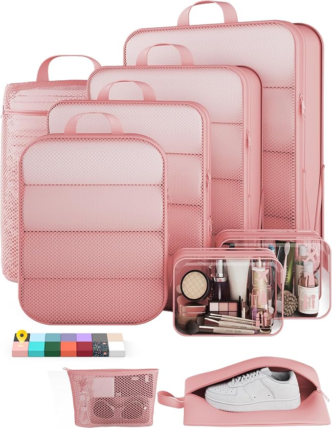 Veken 9/11 Set Compression Packing Cubes Garment Bags for Travel Essentials,Compressible Expandable Luggage Organizer Bags for Clothing,Space Saver Bags with Over 1000 pcs of Mesh Holes(Pink)
