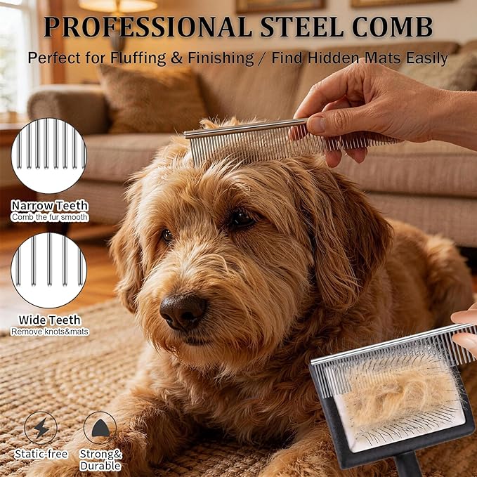 Dog Slicker Brush for Goldendoodles, Poodles & Long Haired Dogs - Long Pin Doodle Brush & Pet Comb Kit Removes Tangles Loose & Knots, Professional Grooming Tools with Wooden Handle, Black