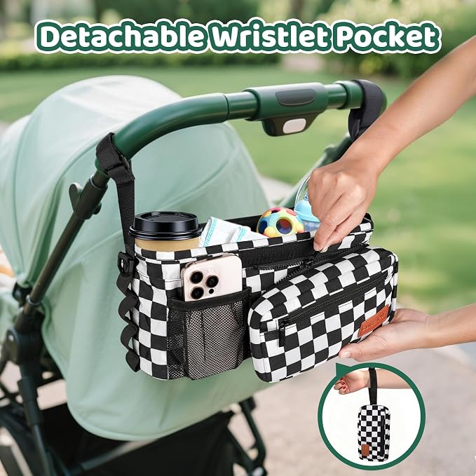 Stroller Caddy with Cup Holder, Non Slip Stroller Organizer Bag Accessories | Stroller Bag with Detachable Phone Bag, Fits Uppababy, Mockingbird Doona Joie Yoyo Baby Jogger, Christmas Baby Shower Gifts
