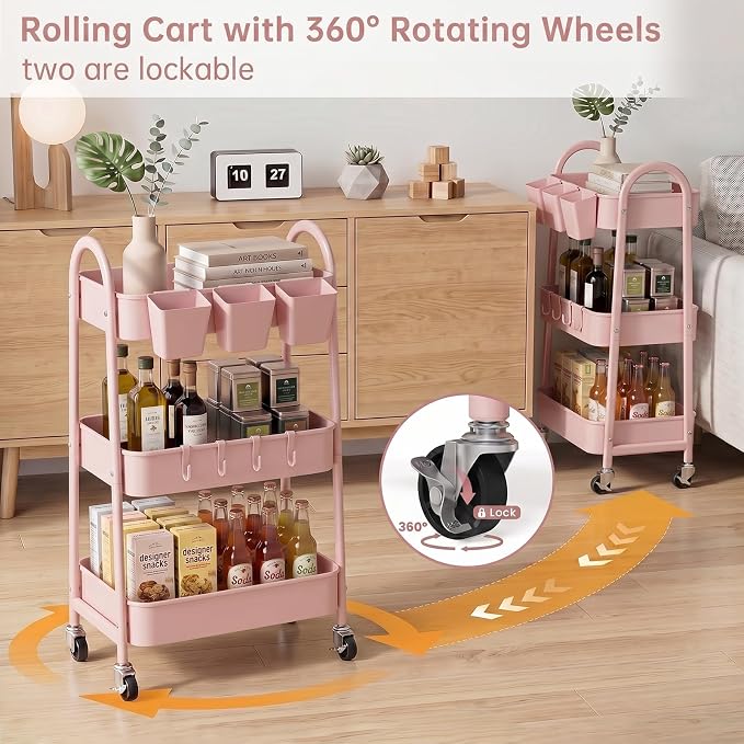 danpinera 3-Tier Rolling Cart, Utility Cart Mobile Metal Rolling Storage Cart with Lockable Wheels & Hanging Cups & Hooks for Kitchen, Bathroom, Office, Workshop, Pink
