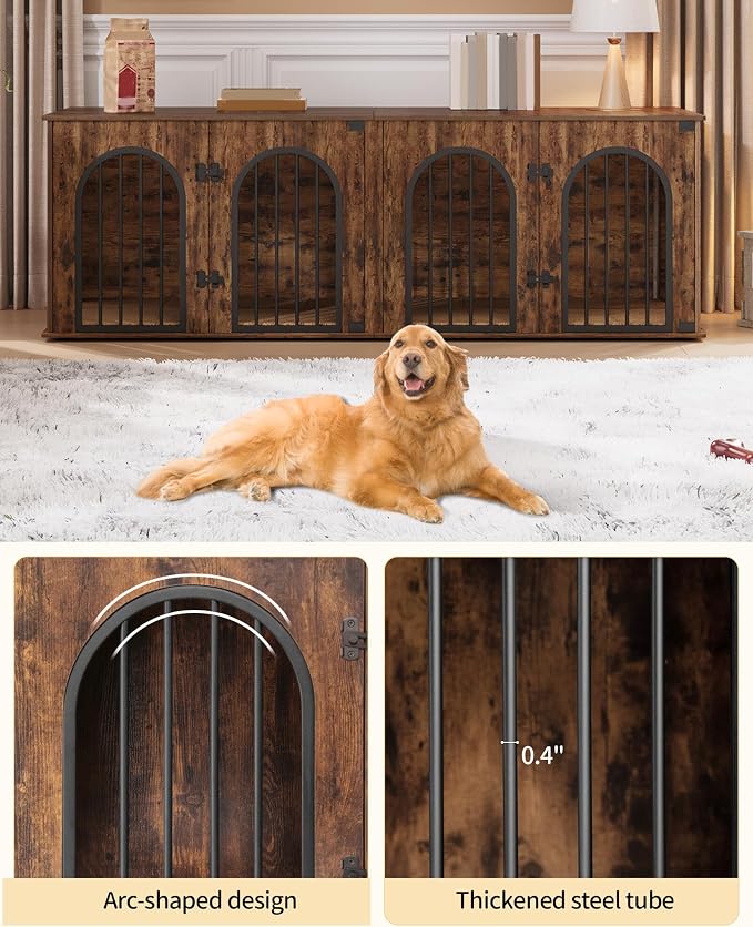 Hzuaneri 70.9" Double Dog Crate Furniture, Dog Kennel Indoor with Cushion | Heavy Duty Dog Crate Furniture for 2 Dogs,Dog Cage End Table TV Stand with Divider for Med-Large Dogs,Rustic Brown DFC81901B