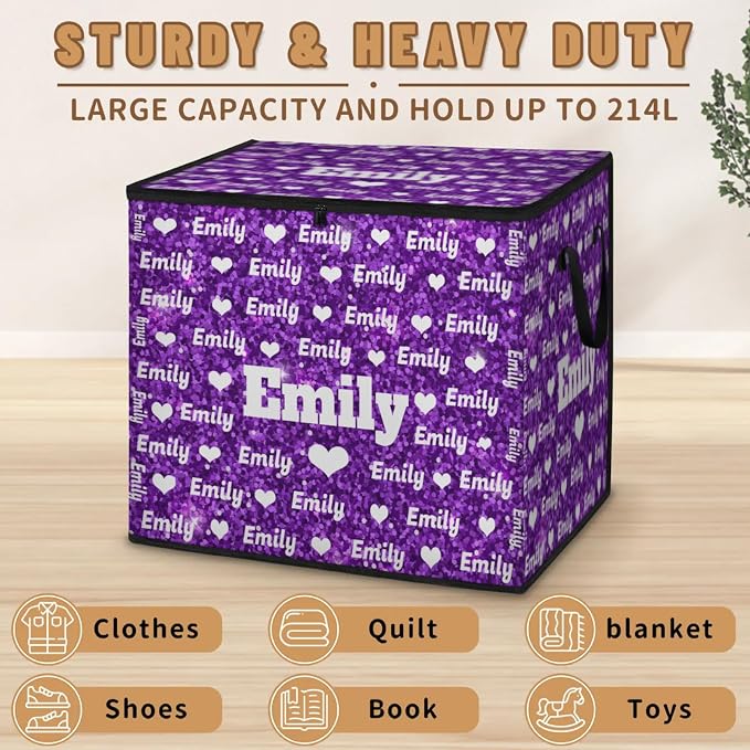Personalized Extra Storage Bins with Lid, Customized Name Jumbo Storage Basket Rectangle Clothes Organizer for Organizing Kids and Pets Toys Shelf Closet, Love Heart Pattern Purple Sequins