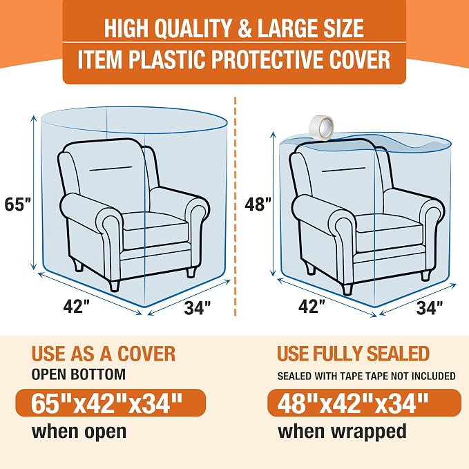 Extra Large Chair Moving Cover for Storage Transportation, Sofa Couch Clear Plastic Moving Cover with Labels, Waterproof and Dust Proof, Bag Open Size 65x 42 x 34 Inch, Blue, 2 Pack